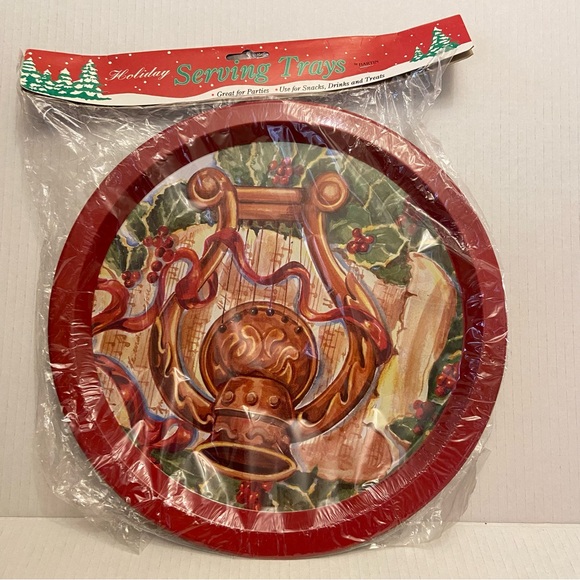 Vintage Hartin Holiday Christmas Bell & Harp Red 13” Round Serving Party Tray. - Picture 2 of 6
